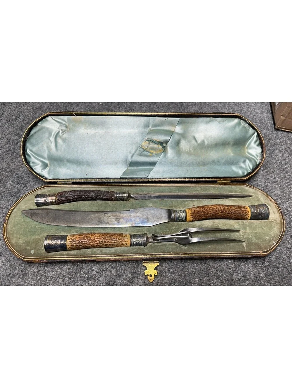 VTG Harrison Bros & Howson 3pc Carving Set Stag Horn Handles Engraved Case